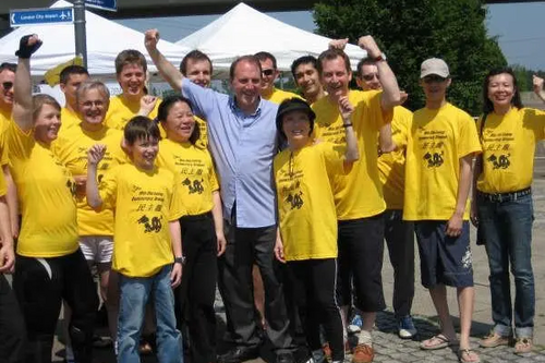 Dragon Boat Race at Royal Albert Docks, Lib Dem President Simon Hughes supporting the Democracy Dragons