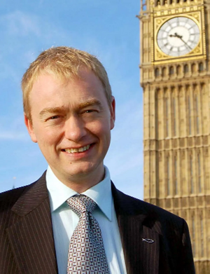 Tim Farron portrait in front of Westminster